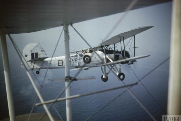 Fairey Swordfish © IWM TR 1138 A FAIREY SWORDFISH IN FLIGHT (TR 1138) Close-up of a Fairey Swordfish Mark II, HS 545 'B', in flight as seen through the struts of another aircraft, probably while serving with No 824 Squadron, Fleet Air Arm, 1943-1944. Copyright: © IWM. Original Source: http://www.iwm.org.uk/collections/item/object/205188676