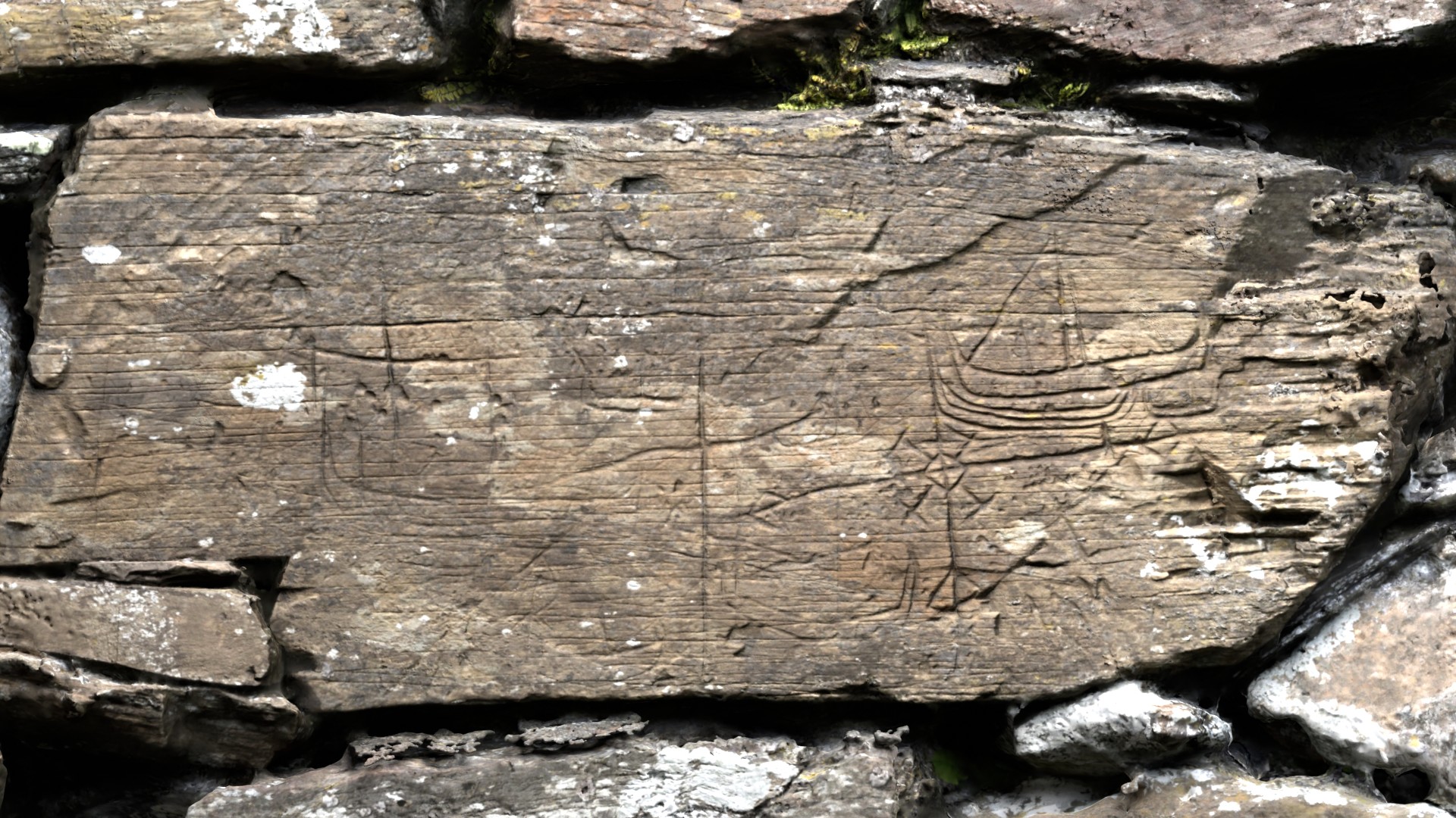 Stone with ship carvings and cross or vegvísir, depicted as textured photogrammetric mesh.