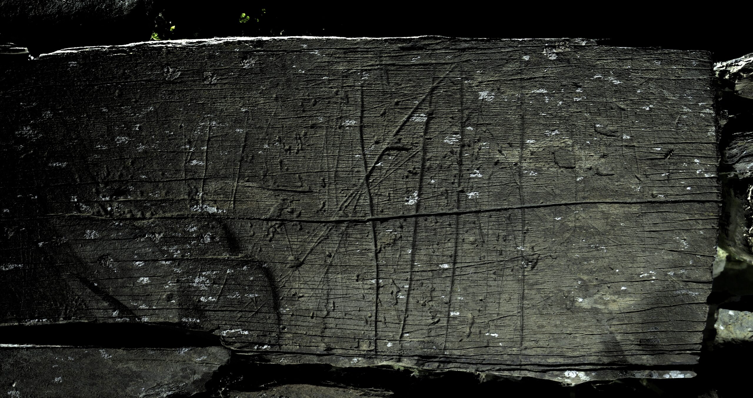 Stone with ship carvings and star or criss-cross symbol. Carvings highlighted using Reflectance Transformation Imaging (RTI).