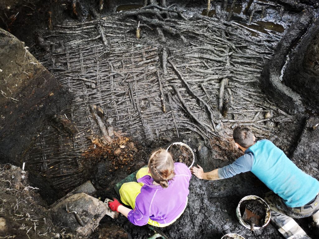 Archaeologists uncovering wicker panels Archaeologists uncovering wicker panels